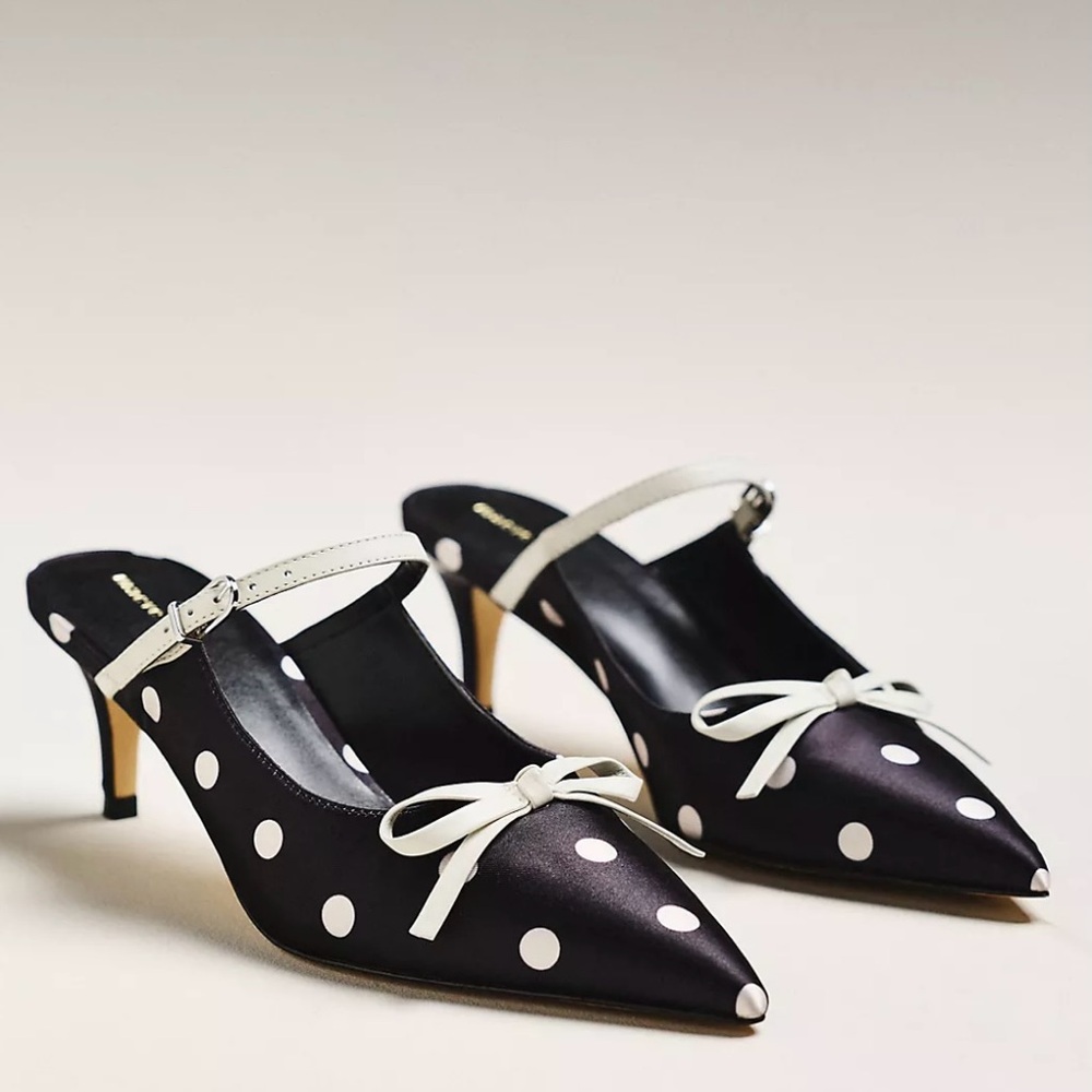Maeve Bow Kitten-Heel Mules | Black and White Polka Dot Size 7